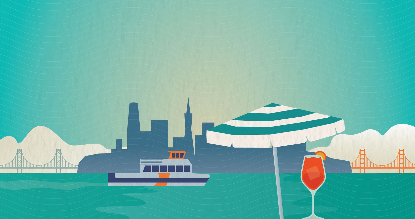 Illustrated San Francisco skyline with ferry boat and striped beach umbrella overlooking the Bay Bridge on Treasure Island.